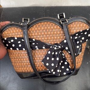 Polka Dot Accent Brown Woven Women's Bag